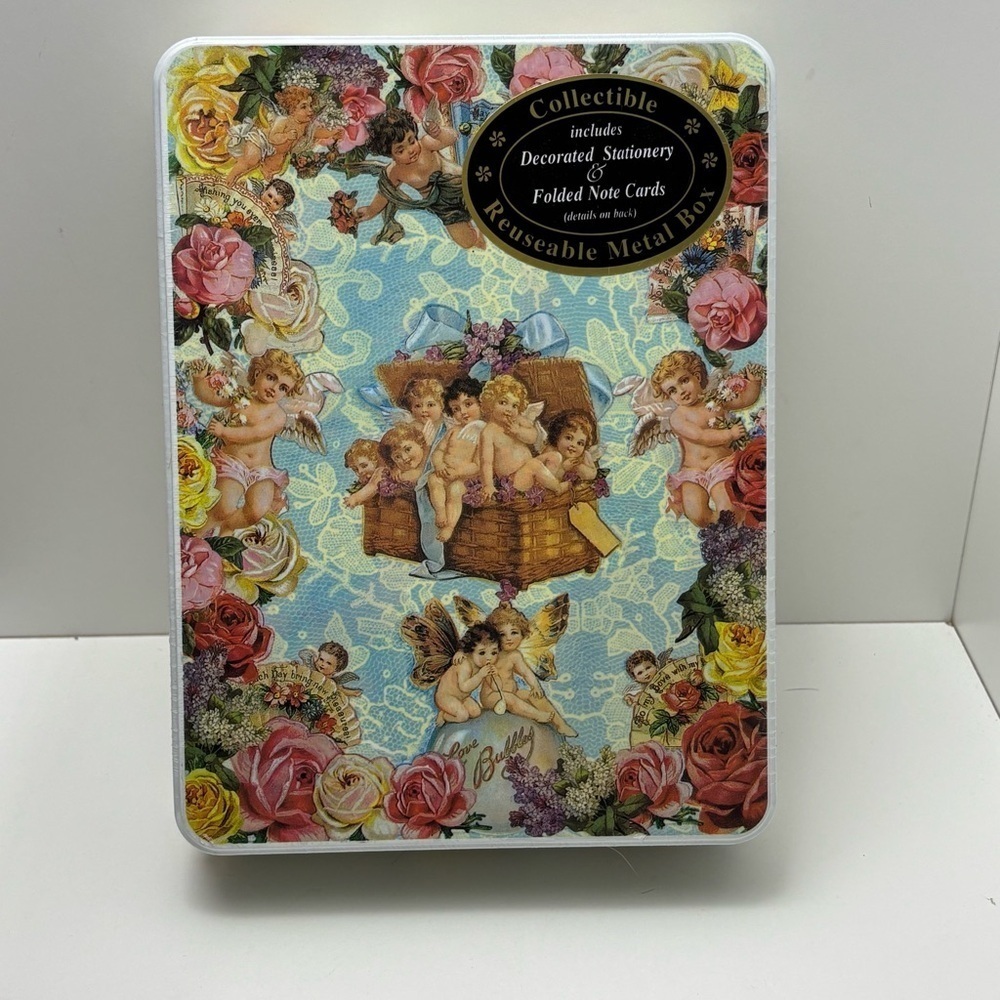 Vintage 90s Case Stationary “Victorian Cherubs” tin box collectible set.